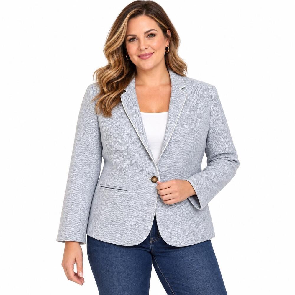 Ann Taylor Blazer Womens 10 Blue Herringbone Tweed One Button Career Work Jacket